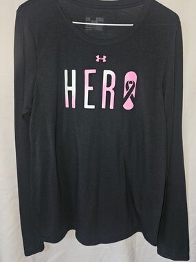 Under Armour Black Long Sleeve 'HERO' Pink Ribbon Tee